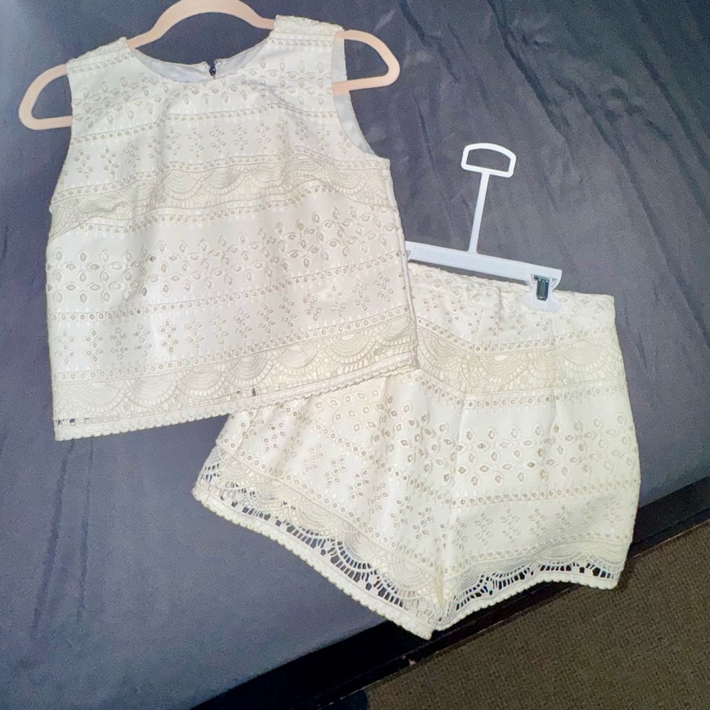 Bebe Cream Eyelet Lace Top and Shorts